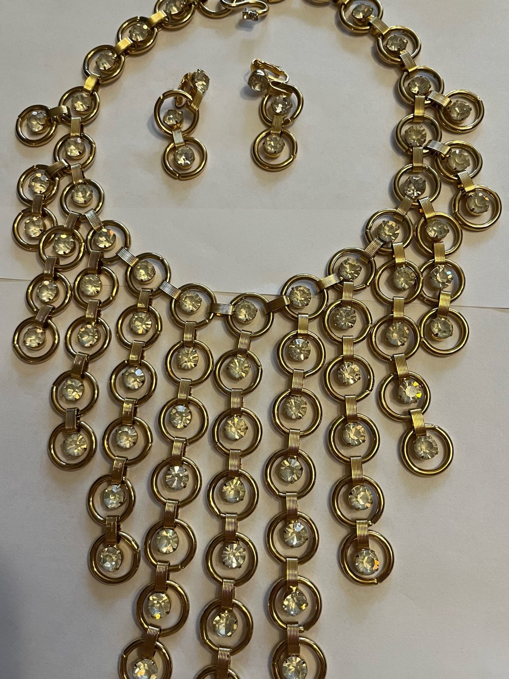 Vintage 1960s Unsigned Goldette Style Heavy Rhinestone Bib Necklace & Earring Se